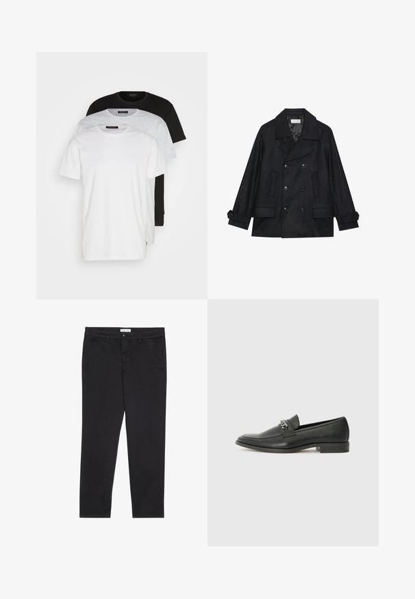 Dvojité černé manšestrové kabát z vlny, s velkými knoflíky, dvěma předními kapsami a klopovým límcem.; Tři trička s kulatým výstřihem v bílé, světle šedé a černé barvě. Vyrobena z měkké bavlny, mají krátké rukávy a volný střih.; Černé bavlněné kalhoty s úzkým střihem, které mají dvě boční kapsy a přední zapínání na knoflík. Texturovaná tkanina s jemnými detaily.; Černé kožené mokasíny s hladkým povrchem, s prošívaným designem a dekoračním kovovým řetízkem přes nárt. Plochý podpatek.