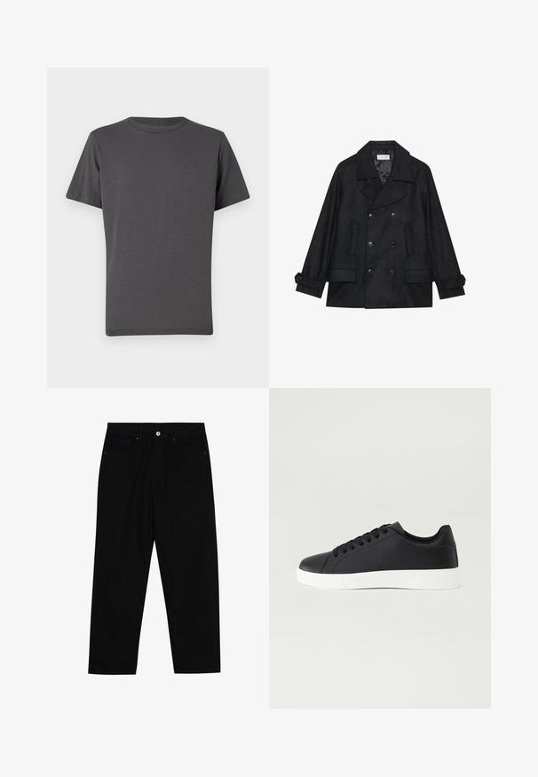 Casaco peacoat preto de abotoamento duplo, feito de um tecido de mistura de lã, com grandes botões, dois bolsos frontais e um colarinho recortado.; T-shirt de gola redonda cinza escuro, com mangas curtas, feito de tecido suave. Apresenta um logótipo subtil na frente, com uma textura lisa e costuras mínimas.; Calças de ganga pretas com corte straight-leg, design de cinco bolsos e fecho frontal por botão. Tecido suave com detalhes de costura mínimos.; Pier One UNISEX - Sapatilhas - black