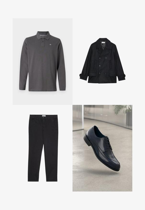 Dvojradový čierny kabát z vlnenej zmesi, s veľkými gombíkmi, dvoma prednými vreckami a s klopovým golierom.; Dlhý rukáv polo tričko v tmavosivej bavne, s golierom, tromi gombíkmi a malým logom na ľavej hrudi.; Čierne bavlnené nohavice so štíhlym strihom, vybavené dvoma bočnými vreckami a predným zapínaním na gombík. Textúrovaná tkanina s jemným detailovaním.; Lesklá čierna kožená obuv na šnurovanie, ktorá sa vznáša nad hladkým, svetlošedým podlahou a vertikálnymi kovovými tyčami v pozadí.