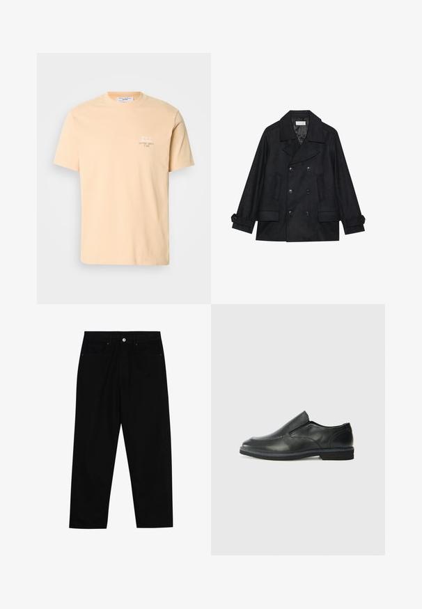 Kaksirivinen musta merimiestakki, joka on valmistettu villasekoitekankaasta. Takissa on suuret napit, kaksi etutaskua ja viilto-kaulus.; Persikka-värinen puuvillat-paita, jossa on lyhyet hihat ja vasemmassa rinnassa pieni valkoinen kuvio ja teksti. Yksinkertainen pyöreä kaula-aukko.; Mustat farkut suoraan lahkeella, viisi taskua ja etunappikiinnitys. Sileä rakenne, jossa on vain vähäisiä ompelualueita.; Musta nahkainen liukujalkine, jossa on sileä pinta, ommeltuja yksityiskohtia, pyöristetty kärki ja matala kumipohja. Pohjassa on minimaalinen pito.