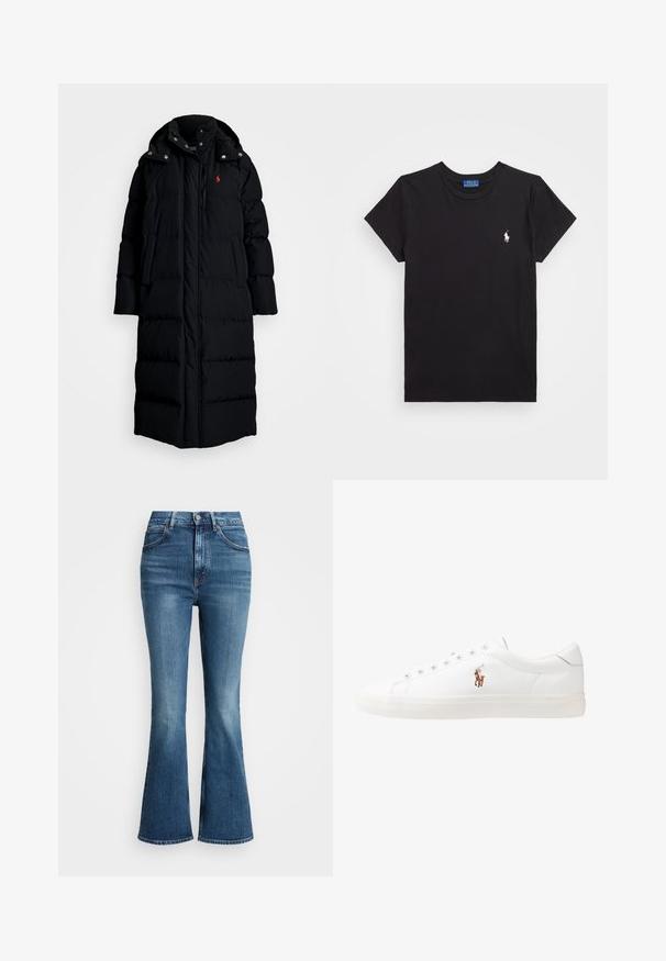 Polo Ralph Lauren HOODED DOWN COAT - Talvemantel - black; Mustang musta puuvillane T-särk, ümar kaelus, lühikesed varrukad ja valge embroideritud logo vasakul rinnal. Sile tekstuur, juhuslik disain.; Keskmise sinise denimi kõrge vöökohaga laienevad teksad, millel on klassikaline viie tasku disain ja kontrastõmblused. Servad on töötlemata.; Valged nahast tossud, madala ülaservaga disain, millel on sile tekstuur, ümar varvas, nööridega esiosa ja väike tikand logoga küljel.