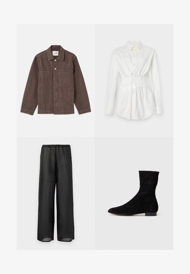 Smeđa, teška jakna s kopčanjem na dugme, džepovima na prsima i klasičnim ovratnikom. Ima strukturirane šavove i bočne džepove.; Bijela košulja na dugim rukavima s prilagođenim strukom i sjajnim akcentom u obliku remena. Izrađena od glatkog, laganog materijala.; Crne hlače širokih nogavica napravljene od lagane, poluprozirne tkanine s elastičnim pojasom. Dizajn ima prozračnu i opuštenu siluetu.; Crne nubuk čizme do gležnjeva s uskim okvirem, špicastim vrhom i niskom bloknom petom. Glatka tekstura i minimalistički dizajn, pogodne za svestrano stiliziranje.