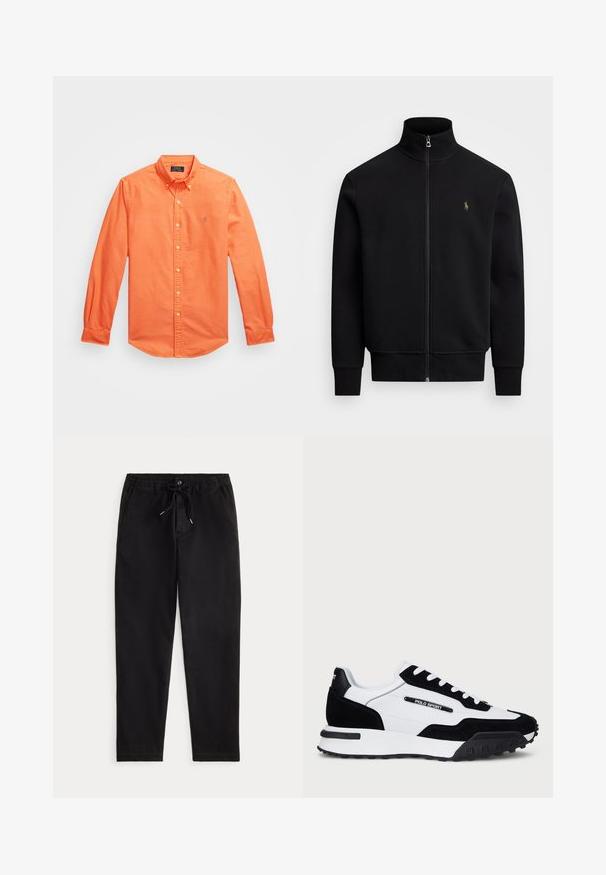 Polo Ralph Lauren DOUBLE-KNIT TRACK JACKET - Športna jakna/jopica - polo black; Srajca z dolgimi rokavi in gumbom v živahni oranžni bombažni tkanini, ki ima klasičen ovratnik, subtilno vezenje logotipa in gumbaste manšete.; Črne sproščene hlače z elastičnim pasom, vezalko, sprednjim gumbom in stranskimi žepi, prikazane na enostavni podlagi.; Tenisice z zgornjim delom iz črnega usnja in belega usnja, z črnim gumijastim podplatom, belimi vezalkami in logotipom "POLO SPORT" na strani.