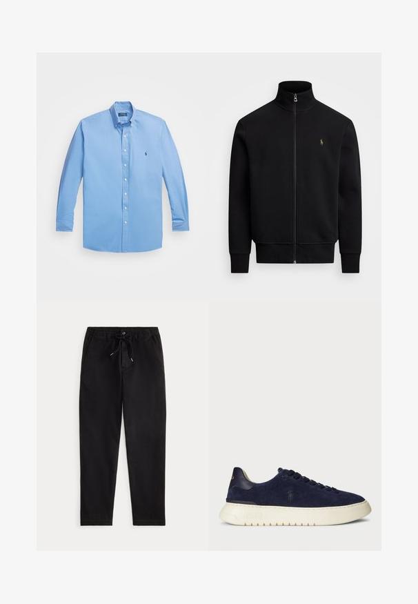 Polo Ralph Lauren - Kurtka sportowa; Jasnoniebieska koszula z długim rękawem, zapinana na guziki, z klasycznym kołnierzykiem i małym wyszywanym logo na piersi, wykonana z gładkiego materiału bawełnianego.; Czarne casualowe spodnie z elastycznym pasem, sznurkiem do regulacji, guzikiem z przodu oraz bocznymi kieszeniami, zaprezentowane na jednolitym tle.; Granatowe zamszowe sneakersy typu low-top z teksturowaną powierzchnią, gumową podeszwą i tonowymi sznurowadłami, z małym logo po boku i na pięcie.