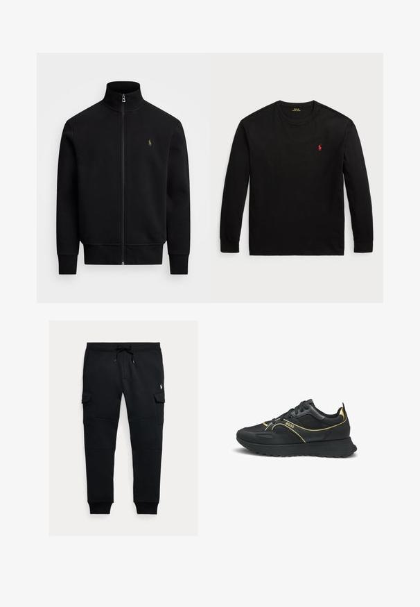 Polo Ralph Lauren - Kurtka sportowa; Czarny t-shirt z długim rękawem wykonany z bawełny. Posiada okrągły dekolt, ściągacze przy mankietach oraz małe czerwone haftowane logo na piersi. Gładka tekstura.; Czarne dresy wykonane z miękkiego materiału, z elastycznym paskiem w talii oraz dwoma bocznymi kieszeniami i ściągaczami przy kostkach.; Czarne sneakersy z złotymi akcentami, posiadające gładką syntetyczną cholewkę, teksturowane panele, okrągły czubek oraz gumową podeszwę z przyczepnością.