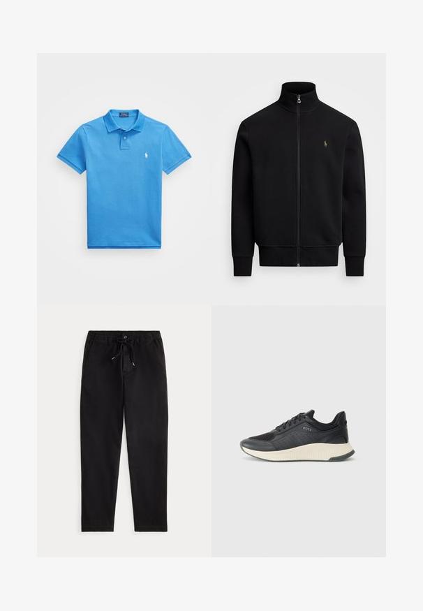 Polo Ralph Lauren DOUBLE-KNIT TRACK JACKET - Sportovní bunda - polo black; Modrá polo košile z bavlny s žebrovaným límcem a dvouknoflíkovým zapínáním. Má malé bílé logo na levé hrudi. Krátké rukávy.; Černé volné kalhoty se elastickým pasem, tkaničkou, předním knoflíkem a bočními kapsami, vystavené na jednoduchém pozadí.; Černá sportovní teniska s mřížkovou svrchní částí s perforacemi, texturovanou mezipodešví v krémové barvě a gumovou podešví pro lepší trakci.