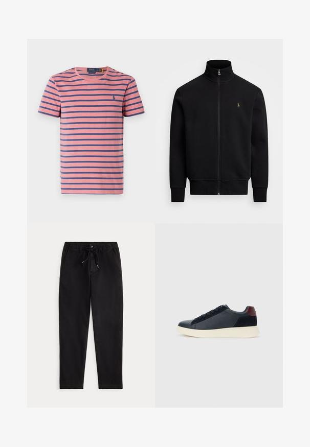 Polo Ralph Lauren DOUBLE-KNIT TRACK JACKET - Veste de survêtement - polo black; T-shirt en coton à manches courtes de couleur rose avec des rayures horizontales navy. Présente un petit logo bleu sur la poitrine gauche. Encolure ronde classique.; Pantalons décontractés noirs avec taille élastique, cordon de serrage, bouton avant et poches latérales, présentés sur un fond uni.; Baskets basses pour hommes en cuir noir et daim avec un tirant de talon bordeaux et une semelle en caoutchouc blanche, vues depuis le côté extérieur.