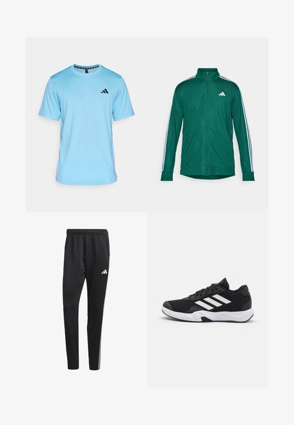 Groene sportjack met hoge kraag, volledige rits, witte drie-strepen accenten op de mouwen en een klein wit logo op de borst.; Lichtblauw sport T-shirt met korte mouwen, gemaakt van een gladde stof; heeft een zwart Adidas-logo op de linker borst en een ronde halsontwerp.; Zwarte sportbroek met een rekbare tailleband, witte zijkanten en een klein wit logo op de dij. Gemaakt van een soepele, lichte stof.; Zwarte sportieve schoenen met een geperforeerde mesh bovenkant, witte accentstrepen, een gevoerde zool en een versterkte hiel voor extra ondersteuning.