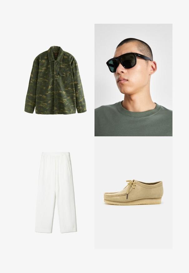 Zelená a hnedá maskáčová košeľa s dlhými rukávmi, golierom a jedným zapínacím vreckom na hrudi na ľavej strane.; Biele tričko s krátkym rukávom vyrobené z mäkkého bavlneného materiálu. S dizajnom s okrúhlym výstrihom, vo voľnom strihu, bez viditeľných log či vzorov.; Biele, široké nohavice vyrobené z textúrovanej tkaniny. Majú elastický pás a dve bočné vrecká. Príležitostný, voľný strih.; Bežové semišové topánky s dizajnom na šnurovanie, prešívaním a gumovou podrážkou. Tvar je neformálny s mierne vyvýšeným opätkom.; Čierne obdĺžnikové slnečné okuliare s tmavými sklami, s charakteristickým tvarom a značkou na ramene. Nosí ich osoba v zelenej košeli.