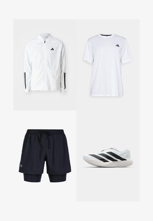 Witte zip-up jas met een hoge kraag, zwarte drie-streep accenten op de mouwen en een klein zwart logo op de borst. Soepele stoftextuur.; Witte sport T-shirt met korte mouwen, gemaakt van vochtafvoerende stof. Heeft een zwart logo op de linkerkant van de borst en een gemusterde binnenhals.; Zwarte sportshorts met een elastische tailleband en trekkoord, met een binnenste aansluitende laag en het Under Armour-logo op de zijkant.; Lichte hardloopschoenen in lichtblauw met zwarte strepen. Beschikt over een soepele bovenkant, ronde neusstuk en dikke witte tussenzool met het label "LIGHTSTRIKE PRO."