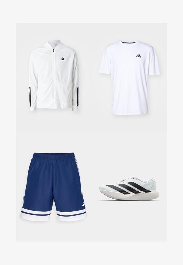 Witte zip-up jas met een hoge kraag, zwarte drie-streep accenten op de mouwen en een klein zwart logo op de borst. Soepele stoftextuur.; Witte T-shirt met korte mouwen, gemaakt van stof met een gladde textuur. Heeft een zwart adidas-logo op de linkerborst en een geborduurde kraag.; Marine blauwe sportshorts met een rekbare tailleband, witte accenten en zijzakken. Kenmerkt zich door witte strepen aan de onderrand. Gemaakt van polyester.; Lichte hardloopschoenen in lichtblauw met zwarte strepen. Beschikt over een soepele bovenkant, ronde neusstuk en dikke witte tussenzool met het label "LIGHTSTRIKE PRO."