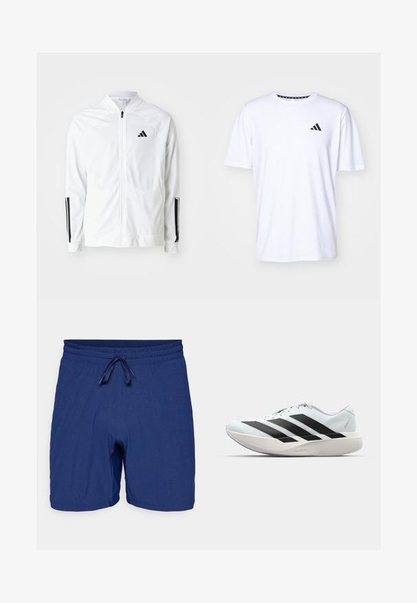 Witte zip-up jas met een hoge kraag, zwarte drie-streep accenten op de mouwen en een klein zwart logo op de borst. Soepele stoftextuur.; Witte T-shirt met korte mouwen, gemaakt van stof met een gladde textuur. Heeft een zwart adidas-logo op de linkerborst en een geborduurde kraag.; Blauwe zwembroek met een elastische tailleband en trekkoordsluiting. Kenmerkt zich door een gemêleerd stofpatroon en een middellange snit.; Lichte hardloopschoenen in lichtblauw met zwarte strepen. Beschikt over een soepele bovenkant, ronde neusstuk en dikke witte tussenzool met het label "LIGHTSTRIKE PRO."