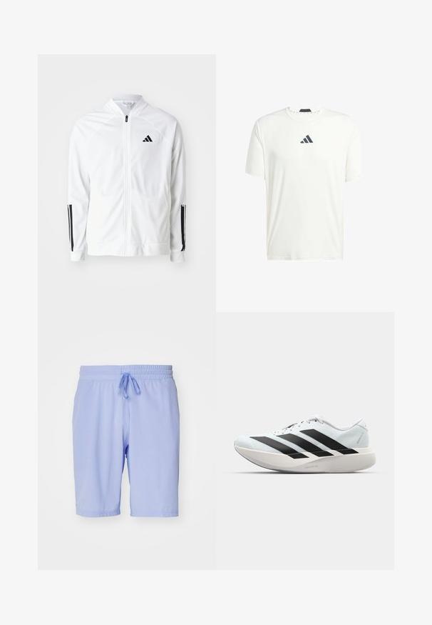 Witte zip-up jas met een hoge kraag, zwarte drie-streep accenten op de mouwen en een klein zwart logo op de borst. Soepele stoftextuur.; Witte t-shirt met korte mouwen, gemaakt van lichtgewicht stof, met een ronde hals en een donkergrijs logo op de borst. Glad textuur, casual pasvorm.; adidas Performance TENNIS ERGO - Korte broeken - blue spark; Lichte hardloopschoenen in lichtblauw met zwarte strepen. Beschikt over een soepele bovenkant, ronde neusstuk en dikke witte tussenzool met het label "LIGHTSTRIKE PRO."