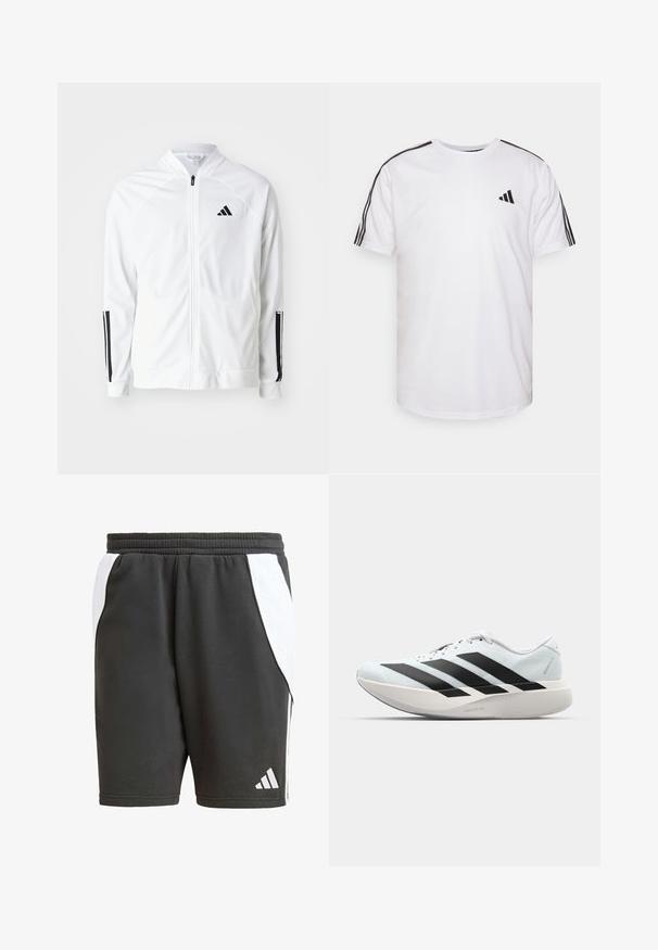 Weißer Zip-Up-Jacket mit hohem Kragen, schwarzen drei Streifen Akzenten an den Ärmeln und einem kleinen schwarzen Logo auf der Brust. Glatte Stofftextur.; Weißes T-Shirt aus Baumwolle mit Rundhalsausschnitt, kurzen Ärmeln und schwarzen Akzenten in Form von drei Streifen an den Schultern; hat ein kleines schwarzes Logo.; Schwarze Sportshorts mit weißen Seitenakzenten, elastischem Bund und Adidas-Logo in Weiß. Hergestellt aus einem glatten, leichten Material.; Leichte Laufschuhe in hellblau mit schwarzen Streifen. Sie verfügen über ein glattes Obermaterial, eine runde Zehenpartie und eine dicke weiße Zwischensohle, die mit "LIGHTSTRIKE PRO" beschriftet ist.