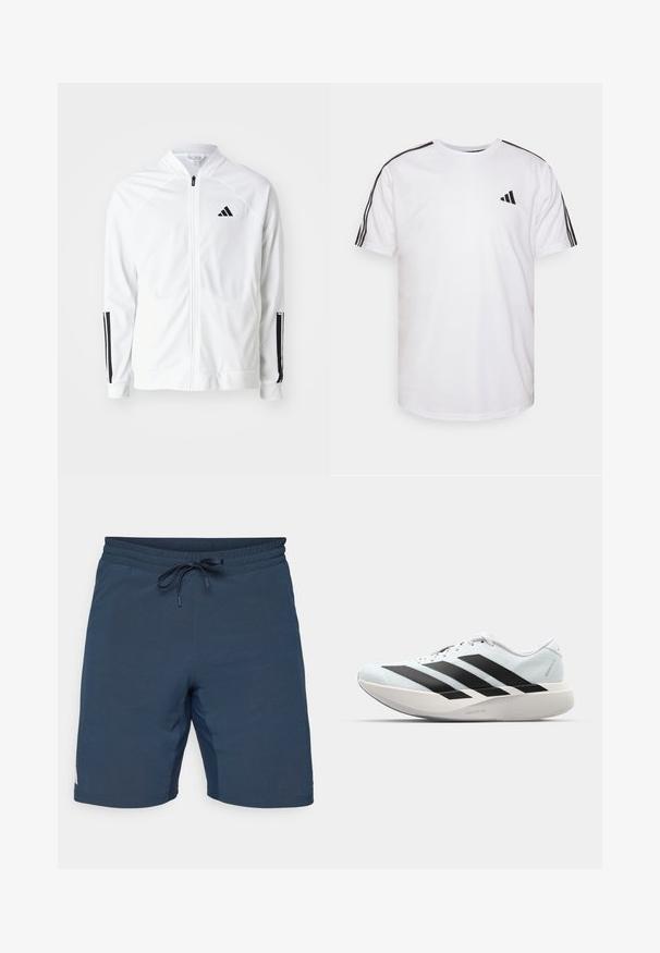 Chaqueta blanca con cremallera y cuello alto, detalles en negro con tres franjas en las mangas, y un pequeño logo negro en el pecho. Textura de tela suave.; Camiseta blanca de algodón con cuello redondo, mangas cortas y acentos en negro de tres franjas en los hombros; presenta un pequeño logo negro.; adidas Performance TENNIS ERGO - Pantalón corto de deporte - aurora ink; Zapatillas de running ligeras en azul pálido con rayas negras. Presentan una parte superior suave, puntera redonda y una gruesa mediasuela blanca etiquetada como "LIGHTSTRIKE PRO".