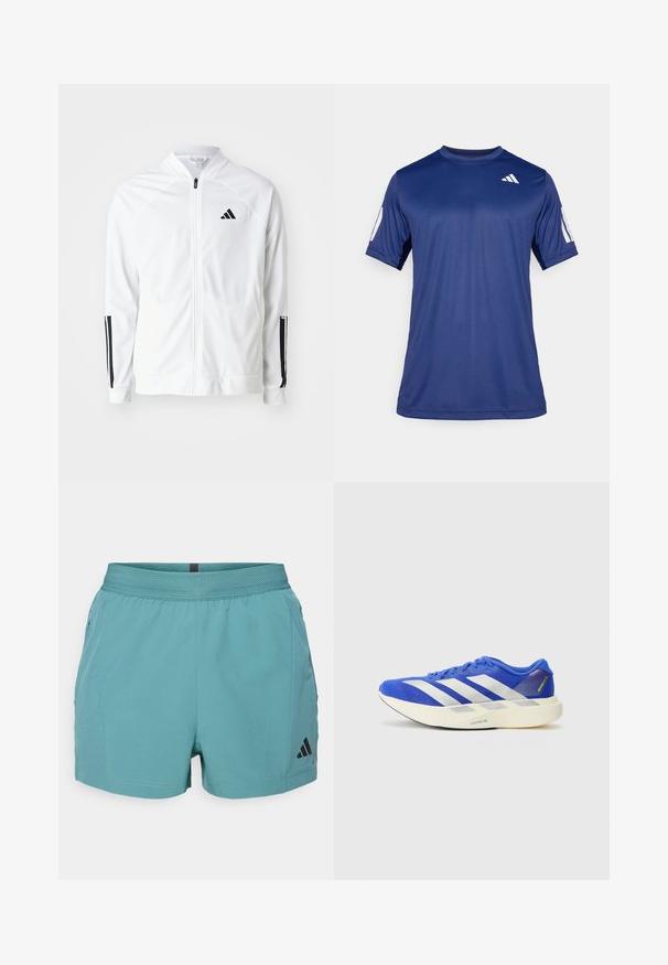 Weißer Zip-Up-Jacket mit hohem Kragen, schwarzen drei Streifen Akzenten an den Ärmeln und einem kleinen schwarzen Logo auf der Brust. Glatte Stofftextur.; Marineblaue kurzärmelige Sportshirt aus glattem Material, mit Rundhalsausschnitt und einem weißen Logodetail auf der oberen linken Brust.; Türkise Sportshorts mit strukturiertem Bund, Seitentaschen und schwarzem Adidas-Logo auf der unteren rechten Seite. Leichtes Material.; Blaue Laufschuhe mit einem Obermaterial aus Mesh, markanten weißen Streifen und einer strukturierten Außensohle. Akzentuiert mit grünen und grauen Details.