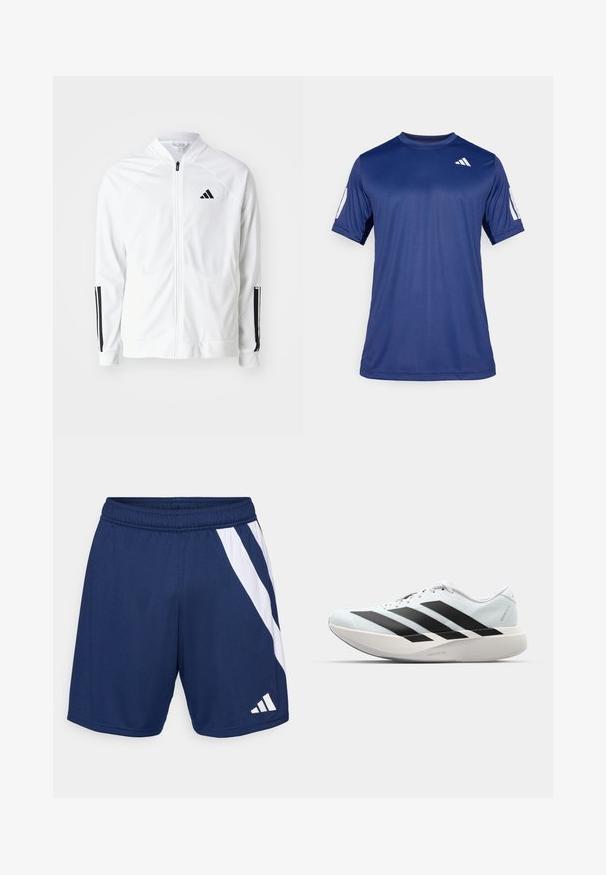 Witte zip-up jas met een hoge kraag, zwarte drie-streep accenten op de mouwen en een klein zwart logo op de borst. Soepele stoftextuur.; Navyblauw sportshirt met korte mouwen, gemaakt van een gladde stof, met een ronde hals en een wit logodetail op de bovenste linkerborst.; Marineblauwe sportshorts met een wit diagonale streepdesign. Gemaakt van lichtgewicht stof, met een elastische tailleband en logodetail.; Lichte hardloopschoenen in lichtblauw met zwarte strepen. Beschikt over een soepele bovenkant, ronde neusstuk en dikke witte tussenzool met het label "LIGHTSTRIKE PRO."