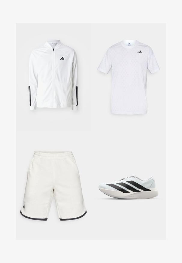 Chaqueta blanca con cremallera y cuello alto, detalles en negro con tres franjas en las mangas, y un pequeño logo negro en el pecho. Textura de tela suave.; Camiseta de manga corta blanca con un sutil patrón de diamantes, fabricada en tejido ligero, con un logotipo de adidas negro en el pecho.; Pantalones cortos de tela blanca con cinturilla elástica, bolsillos laterales y ribete negro en el dobladillo. Presenta un logo negro en el lado izquierdo.; Zapatillas de running ligeras en azul pálido con rayas negras. Presentan una parte superior suave, puntera redonda y una gruesa mediasuela blanca etiquetada como "LIGHTSTRIKE PRO".
