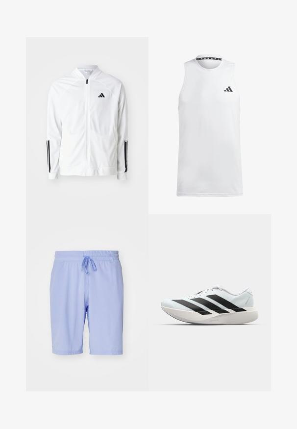 Witte zip-up jas met een hoge kraag, zwarte drie-streep accenten op de mouwen en een klein zwart logo op de borst. Soepele stoftextuur.; Witte mouwloze sporttanktop van gladde stof. Heeft een zwart logo op de linkerborst en een patroon in de zwarte halslijn.; adidas Performance TENNIS ERGO - Korte broeken - blue spark; Lichte hardloopschoenen in lichtblauw met zwarte strepen. Beschikt over een soepele bovenkant, ronde neusstuk en dikke witte tussenzool met het label "LIGHTSTRIKE PRO."