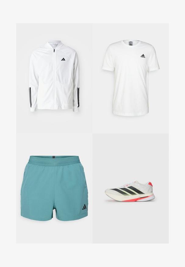 Giacca bianca con zip e colletto alto, dettagli neri a tre strisce sulle maniche e un piccolo logo nero sul petto. Texture del tessuto liscia.; T-shirt bianco in cotone con maniche corte e scollatura rotonda. Presenta un piccolo logo Adidas nero sul lato sinistro del petto. Vestibilità classica.; Pantaloni sportivi teal con cintura testurizzata, tasche laterali e logo Adidas nero sul lato inferiore destro. Tessuto leggero.; Scarpa da ginnastica bianca con strisce nere e verde neon, tomaia testurizzata, accenti rossi sul tallone e suola leggera.