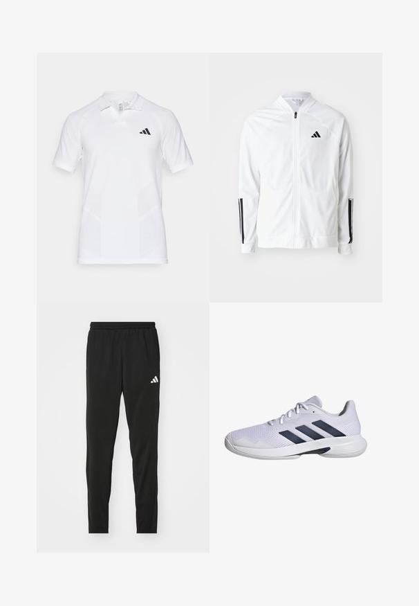 Giacca bianca con zip e colletto alto, dettagli neri a tre strisce sulle maniche e un piccolo logo nero sul petto. Texture del tessuto liscia.; Polo shirt bianco realizzato in tessuto texturizzato, con il logo adidas nero sul lato sinistro del petto, maniche corte e un classico design del colletto.; Pantaloni sportivi neri con vita elastica, design affusolato e logo bianco Adidas sulla coscia sinistra. Tessuto liscio e leggero.; Scarpa atletica bianca con tomaia in rete traspirante, design a tre strisce blu navy, suola testurizzata e punta arrotondata per maggiore stabilità.
