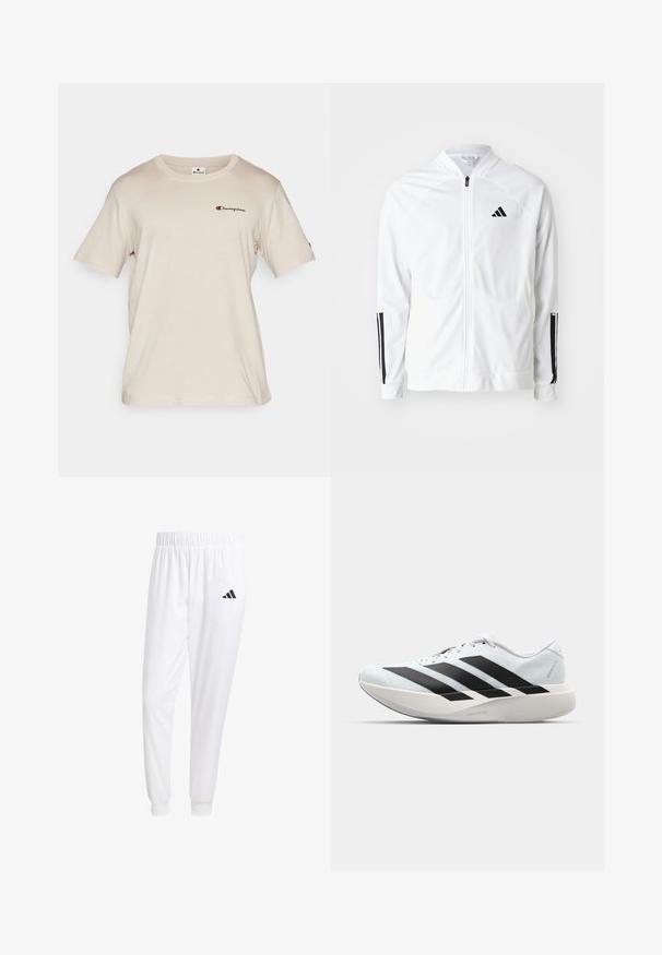 Witte zip-up jas met een hoge kraag, zwarte drie-streep accenten op de mouwen en een klein zwart logo op de borst. Soepele stoftextuur.; Champion ICONS CREWNECK WITH SMALL LOGO - T-shirt print - beige; Witte sportbroek van gladde stof, met een elastische tailleband en smalle taillebanden, voorzien van een zwart logo op de achterzak.; Lichte hardloopschoenen in lichtblauw met zwarte strepen. Beschikt over een soepele bovenkant, ronde neusstuk en dikke witte tussenzool met het label "LIGHTSTRIKE PRO."