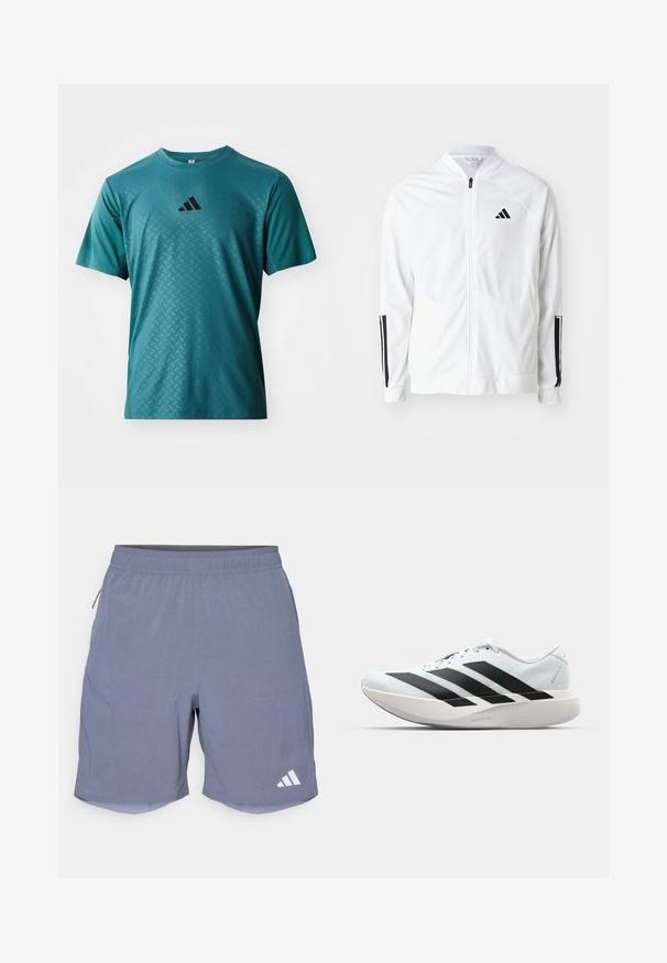 Witte zip-up jas met een hoge kraag, zwarte drie-streep accenten op de mouwen en een klein zwart logo op de borst. Soepele stoftextuur.; adidas Performance POWER TEE - Sport T-shirt - preloved teal; adidas Performance Korte broeken - onix; Lichte hardloopschoenen in lichtblauw met zwarte strepen. Beschikt over een soepele bovenkant, ronde neusstuk en dikke witte tussenzool met het label "LIGHTSTRIKE PRO."