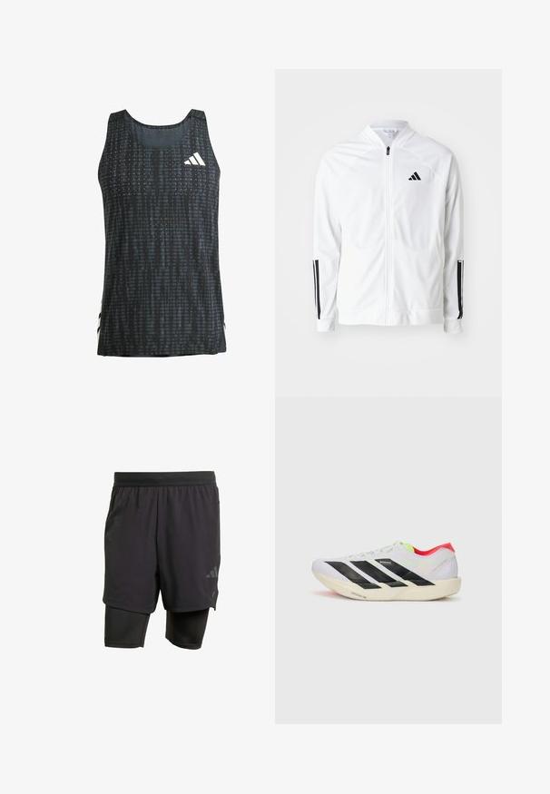 Weißer Zip-Up-Jacket mit hohem Kragen, schwarzen drei Streifen Akzenten an den Ärmeln und einem kleinen schwarzen Logo auf der Brust. Glatte Stofftextur.; Schwarzes sportliches Tanktop mit strukturiertem Muster, ärmellosem Design und weißen Logo-Details. Leichter Stoff mit lockerer Passform.; Schwarze Sportshorts mit integrierter Innenschicht, aus atmungsaktivem Material hergestellt. Mit dezentem Logo und strukturierter Textur. Verstellbarer Bund.; Weißer Sportschuh mit schwarzen Streifen, neongrünen Akzenten und einer roten Ferse. Hat ein leichtes Design und eine strukturierte Sohle für besseren Grip.