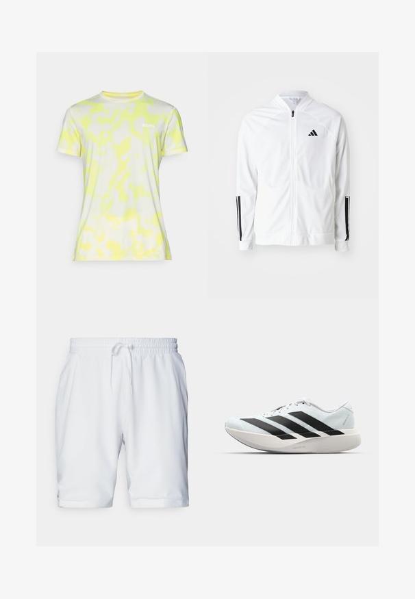 White zip-up jacket with a high collar, black three-stripe accents on sleeves, and a small black logo on the chest. Smooth fabric texture.; Short-sleeve, fitted t-shirt in lightweight fabric featuring a white base with yellow abstract patterns and a small "BORG" logo on the chest.; White athletic shorts with an elastic waistband and adjustable drawstring. Smooth fabric with a subtle texture, featuring side pockets.; Lightweight running shoes in pale blue with black stripes. Features a smooth upper, round toe, and thick white midsole labeled "LIGHTSTRIKE PRO."