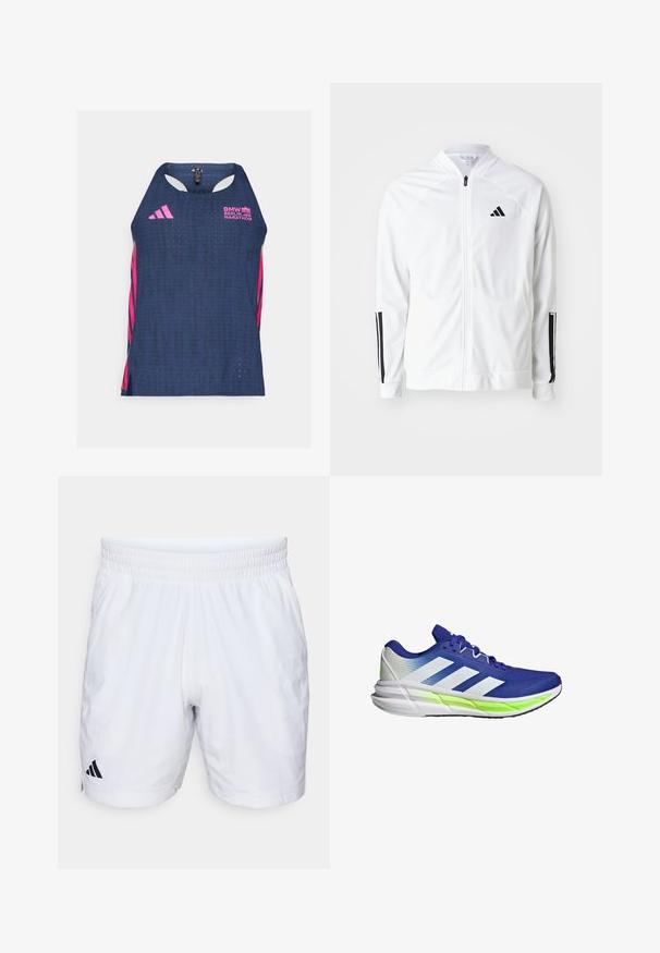 Witte zip-up jas met een hoge kraag, zwarte drie-streep accenten op de mouwen en een klein zwart logo op de borst. Soepele stoftextuur.; adidas Performance BER25 SINGLET - Top - collegiate navy; Witte sportshorts met een elastische tailleband, gemaakt van een textuurstof en voorzien van een zwart Adidas-logo aan de onderzijde van de linkerzijde.; Blauwe sportschoen met witte accenten, bovenkant van gaas en een gevoerde zool benadrukt door een neon groene streep. Kenmerkt zich door een gebogen ontwerp.