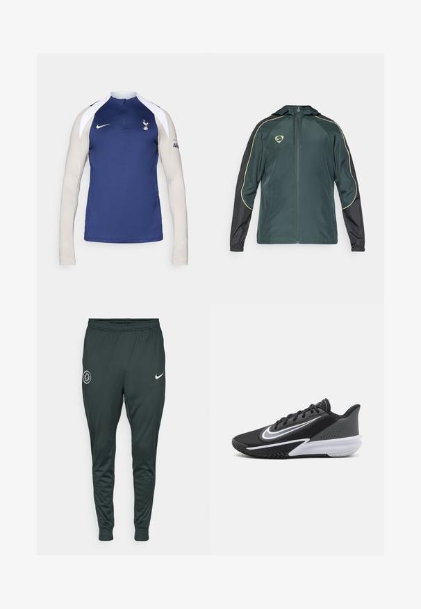Męska kurtka dresowa w ciemnozielonym i czarnym kolorze, z kapturem, zapięciem na zamek i żółtymi akcentami wzdłuż ramion. Lekki materiał.; Nike długorękawowa koszulka treningowa w kolorze granatowym, z jasnobeżowymi rękawami, z kołnierzem zapinanym na pół suwak i logo Spurs na klatce piersiowej.; Ciemnozielone dresy Nike z elastycznym paskiem w talii i mankietami. Posiadają logo Chelsea FC na lewej nodze oraz biały emblemat Nike swoosh.; Czarny but sportowy z teksturowaną cholewką, białymi akcentami i wyściełaną podeszwą; cechuje się smukłym designem i widocznym wzorem bieżnika.