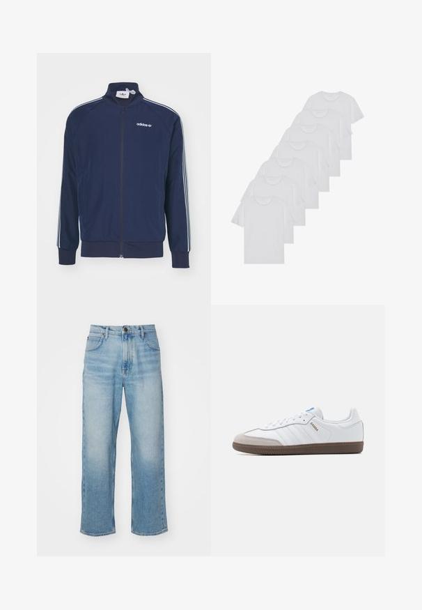 Veste de survêtement zippée marine en tissu lisse avec des accents de trois bandes blanches sur les manches et un logo brodé sur la poitrine.; T-shirts en coton blanc, à manches courtes, design col rond, texture uniforme, empilés en rangée, avec un logo subtil au niveau de l'encolure.; Jeans en denim droit bleu clair avec poches avant, passants de ceinture et fermeture à bouton.; Baskets en cuir blanc avec un capuchon en suède gris, trois rayures blanches horizontales, un accent bleu et une semelle en caoutchouc marron. Détail texturé sur la semelle.