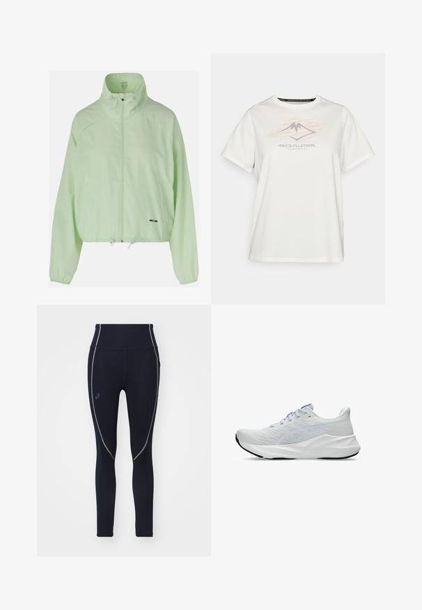 ASICS NAGINO ACTIBLEEZE - Trainingsvest - whisper green; ASICS FUJITRAIL LOGO TOP - Sport T-shirt - cream; Marineblauwe high-waisted leggings van rekbaar materiaal, met groene stiksels en een Asics-logo aan de linkerkant.; Witte sportieve sneakers met een ademende mesh bovenkant, lichtblauwe accenten, vetersluiting, opvallend logo-detail en een gestructureerde zool voor grip.