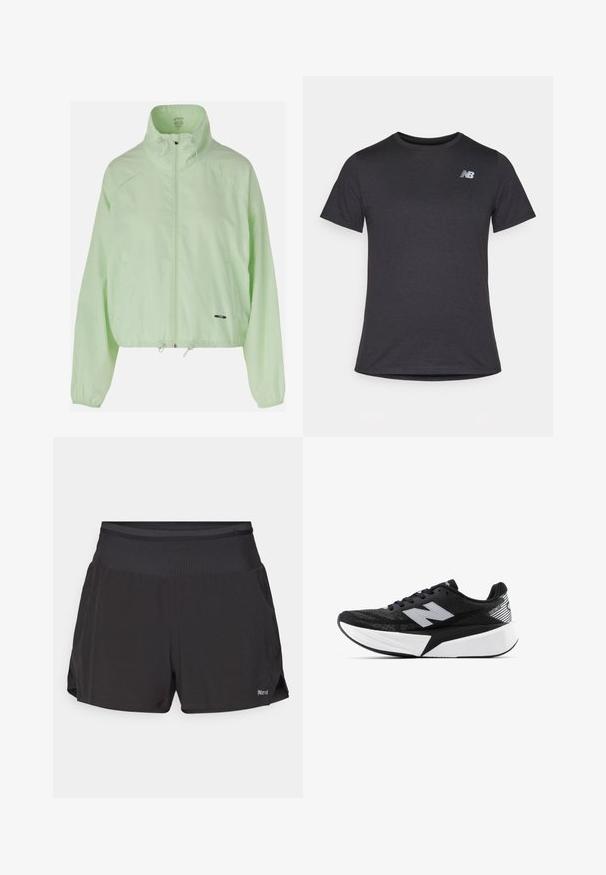 ASICS NAGINO ACTIBLEEZE - Träningsjacka - whisper green; Svart t-shirt med kort ärm, tillverkad av mjukt tyg, med en liten grå New Balance-logotyp på övre vänstra bröstet, klassisk rundhalsdesign.; Svarta atletiska shorts med en platt midja, kort längd och sidofickor. Tyget verkar andas och har en smidig textur.; Svartvit New Balance löparsko med tjock sula, meshtopp och "N"-logotyp på sidan, sedd från utsidan.