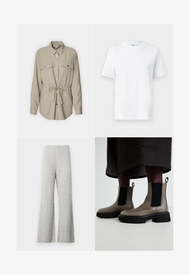 Helles beige Hemd mit Knopfleiste und Kragen, zwei Brusttaschen und einem Taillengürtel. Mit langen Ärmeln und silbernen Knopfdetails.; Weißes Baumwoll-T-Shirt mit Rundhalsausschnitt, kurzärmlig und mit glatter Textur. Entworfen mit einer lockeren Passform für Komfort und Vielseitigkeit.; Grau gerippte gestrickte weit geschnittene Hosen mit einem strukturierten Muster und einem elastischen Bund, ausgestattet mit einer weichen Stoffoberfläche.; Graue Knöchelstiefel aus strukturiertem Leder mit elastischen seitlichen Einsätzen und einer klobigen schwarzen Sohle. Mit Zugschlaufen für einfaches An- und Ausziehen.