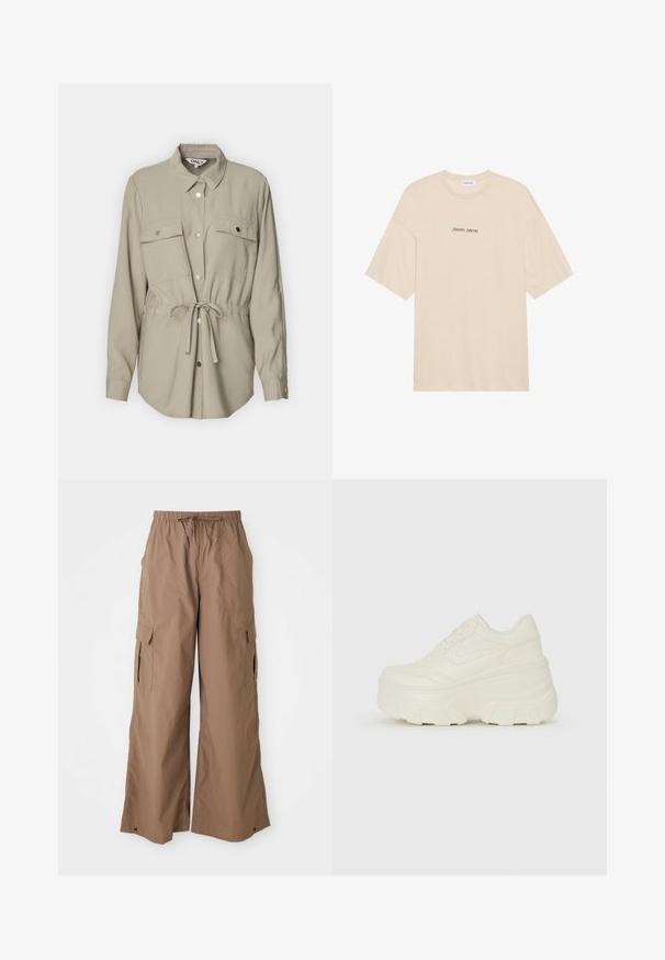 Kerge beeži värvi nööpideta särk koos krae, kahe rinna tasku ja vöö sidumisega. Omab pikki varrukaid ja hõbedaseid nööbi aktsente.; Beige puuvillane t-särk, millel on mugav lõige, lühikesed varrukad ja ümar kaelus. Ees on musta värviga trükitud tekst "Positive Sincere".; Pruunid laiad vabaaja cargo püksid, millel on paelaga vöökoht ja külgmised klapikotid, laia jala disain, esitatud valge tausta taustal.; Valged platvormi tõusukingad, millel on siledast nahast meenutav pealis, ümar kuju, pehmendatud kaelus ja tekstureeritud kummitald koos selgete hüdrofoobsete mustritega.