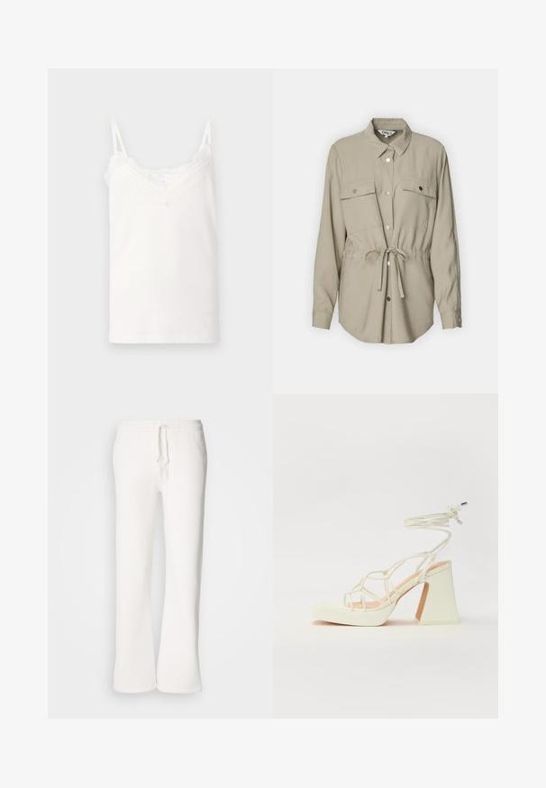 Svetlo bež srajca s kragnico, dvema žepoma na prsih in pasom. Ima dolge rokave in srebrne gumbne dodatke.; Bela majica s tankimi naramnicami, ki jih je mogoče prilagoditi, z občutljivo čipkastim robom ob dekolteju in robu, izdelana iz mehkega bombažnega blaga.; Bela, sproščena trenerka iz mehkega blaga, z elastičnim pasom in vrvico ter naravnim krojem nogavic.; Bela sandala na visokih petah s debelim petam, ki ima obliko trakcev in vezanje okoli gležnja. Gladka tekstura z platformo spredaj za dodatno višino.