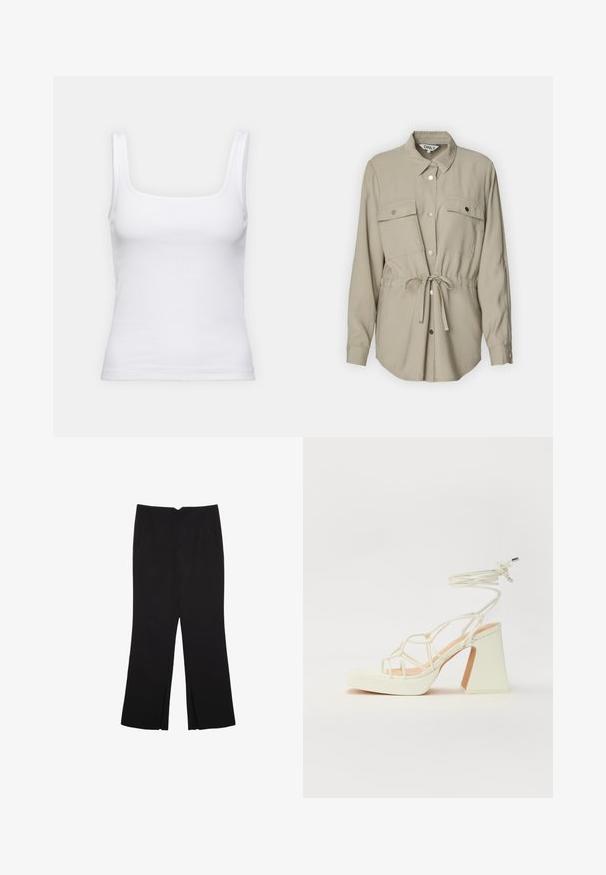 Svijetlo bež košulja s dugim rukavima, ovratnikom, dva džepa na prsima i pojasom oko struka. Ima srebrne gumbe kao ukras.; Bijela rebrasta majica bez rukava sa četvrtastim izrezom i uskim trakama, napravljena od rastegljive mješavine ugljičnog materijala.; Crne hlače ravnog kroja, s prednjim džepovima i bočnim prorezima na rubu. Izrađene od mekog i glatkog materijala. Pogodne za razne prigode.; Bijela sandala na visokoj potpetici s debelim petom, s remenom i vezanjem oko gležnja. Glatka tekstura s platformom sprijeda za dodatnu visinu.