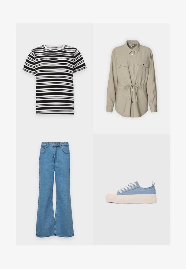 Kerge beeži värvi nööpideta särk koos krae, kahe rinna tasku ja vöö sidumisega. Omab pikki varrukaid ja hõbedaseid nööbi aktsente.; Mustvalge lühikeste varrukatega T-särk, millel on horisontaalsed triibud erineva laiusega ja klassikaline ümar kaelus. Pehme puuvillane kangas.; Heledad sinine flared teksade rõivad, millel on kõrge talje, viis taskut ja üks nupulukk. Pehme tekstuur ja pleekinud viimistlus.; Heledad sinised kangast tennisekingad koorevärvi kummist varbakatte ja taldaga, millel on valged paelad ja tõmblukk kandadel.