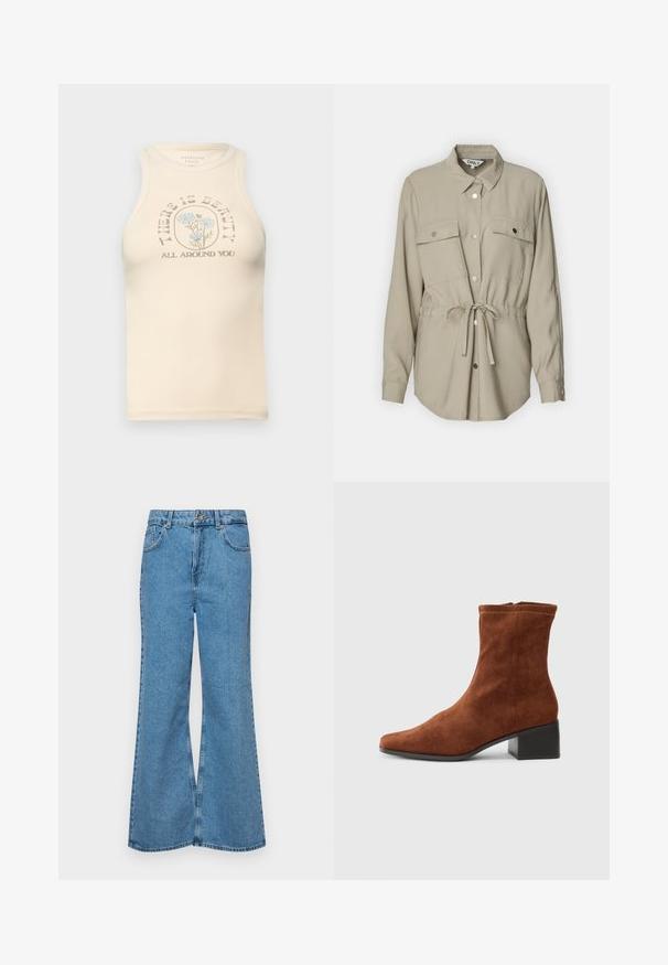 Šviesiai smėlinis marškinis su apykakle, dviem krūtinės kišenėmis ir juosmens juosta. Turi ilgus rankovės ir sidabrinius mygtukų akcentus.; Piekabinė, be rankovių, smėlio spalvos viršus su aukštu kaklu. Puošia gėlėmis atspausdinta grafika ir tekstas: "APLINK TAVE YRA GROŽIS."; Šviesiai mėlynos flared džinsai, pagaminti iš džinsinio audinio, su aukštu liemeniu, penkiomis kišenėmis ir vienu mygtuko užsegimu. Minkštas paviršius su išblukusiu efektu.; Rudos zomšos auliniai batai su kvadratine nosimi ir žemu blokuotu kulnu, šone užtrauktukas, rodomi profiliu ant balto fono.