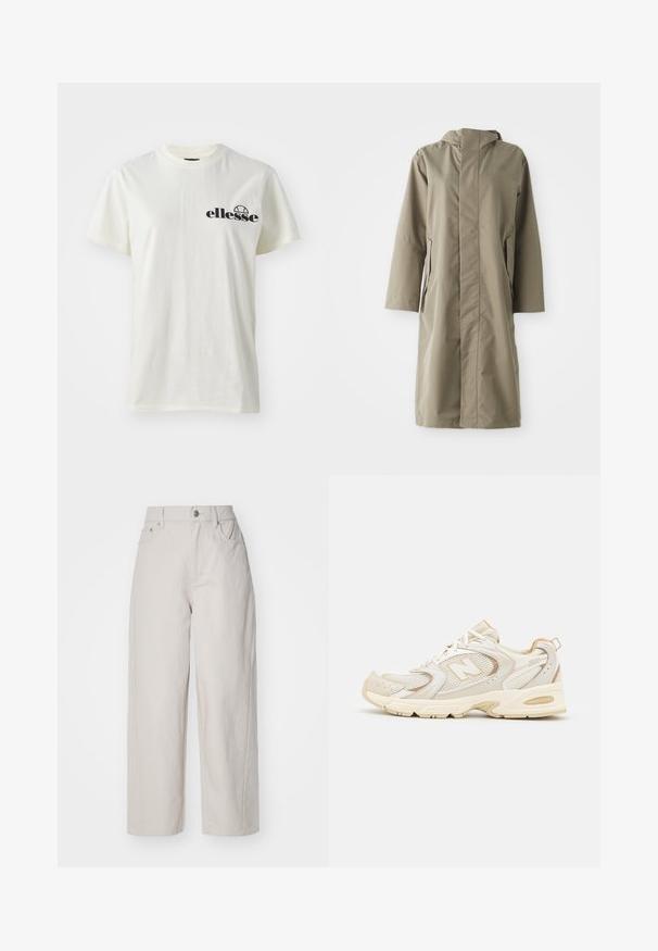 Khaki regnfrakke med hætte, lavet af glat, vandafvisende stof. Har lange ærmer og sidelommer, hvilket giver en afslappet pasform.; Hvid bomulds-T-shirt med rund hals og korte ærmer, der har et sort "ellesse" logo på venstre side. Blød tekstur, afslappet pasform.; Beige brede benbukser i cotton med høj talje, knap- og lynlås-lukning og fire lommer; glat tekstur med denim-finish.; Beige atletik sko med mesh og syntetiske overlejringer, med en tekstureret overflade, polstret krave og "ABZORB" dæmpning ved hælen.