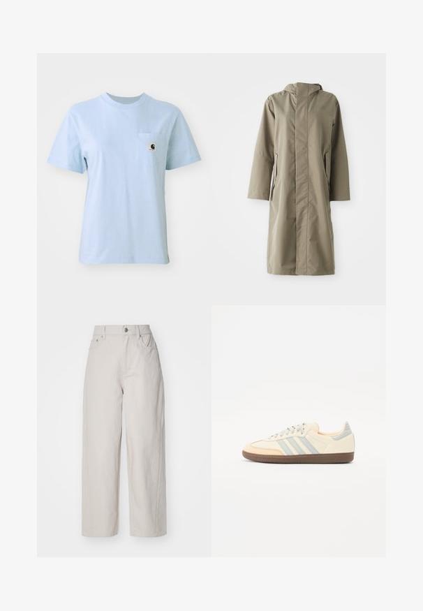 Khaki lietus mētelis ar kapuci, izgatavots no gludas, ūdensizturīgas auduma. Tam ir garas piedurknes un sānu kabatas, nodrošinot brīvu piegriezumu.; Gaiši zila īsām piedurknēm T-kreklu, izgatavotu no kokvilnas, ar mazu krūšu kabatu un logotipa birku. Vienkārša apaļa kakla izgriezte, gluda tekstūra.; Bēša platā kāju kokvilnas bikses ar augstu jostasvietu, pogu un rāvējslēdzēju, kā arī četrām kabatām; gluda tekstūra ar denima apdari.; Sniega apavi ar krēmkrāsas ādas virsu, gaiši ziliem svītrām un persiku akcentiem. Izceļas ar strukturētu brūnu gumijas zoli un minimālistisku dizainu.