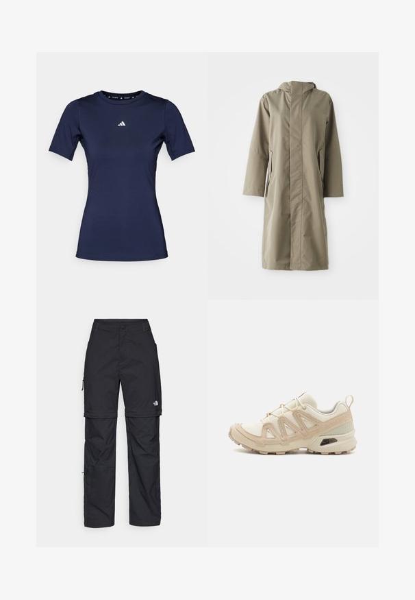 Khaki lietus mētelis ar kapuci, izgatavots no gludas, ūdensizturīgas auduma. Tam ir garas piedurknes un sānu kabatas, nodrošinot brīvu piegriezumu.; Jūras spēku sporta krekls ar īsām piedurknēm, izgatavots no gludas auduma, ar apaļu kakla izgriezumu un baltu logo uz krūtīm.; Melni nailona bikses ar noņemamām kājām, regulējamiem uzmavām, vairākām kabatām un logotipu uz labās kājas. Gluda, viegla tekstūra.; Beige un krēma sporta apavi ar strukturētu tīkla virsmu, atbalstošajiem slāņiem un gumijas zoli ar protektoru rakstu, kas nodrošina saķeri.