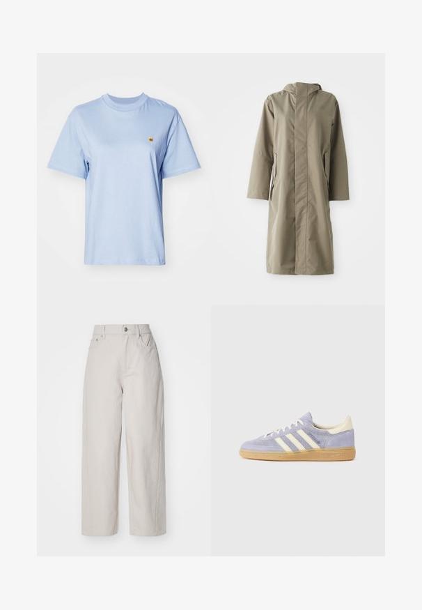 Kaki lietpaltis su kapišonu, pagamintas iš lygaus, vandeniui atsparaus audinio. Turi ilgus rankovės ir šonines kišenes, užtikrinančias laisvą prigludimą.; Šviesiai mėlyna medvilninė marškinėliai su trumpomis rankovėmis, apvaliu iškirpimu ir mažu geltonu siuvinėtu logotipu ant krūtinės. Minkšta tekstūra, laisvas siluetas.; Bežinės plačios kojos medvilnės kelnės su aukštu liemeniu, sagčių ir užtrauktuko uždarymu bei keturiomis kišenėmis; lygi tekstūra su džinsinio audinio apdaila.; Violet suede sportbačiai su trimis baltais dryžiais, guminėmis padais ir kreminės spalvos akcentais ant kulno ir liežuvėlio. Minimalistinis dizainas su logotipo detale.
