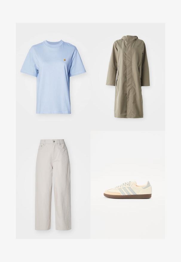 Khaki regnfrakke med hætte, lavet af glat, vandafvisende stof. Har lange ærmer og sidelommer, hvilket giver en afslappet pasform.; Lys blå bomulds t-shirt med korte ærmer, rund halsudskæring og lille gul broderet logo på brystet. Blød tekstur, afslappet pasform.; Beige brede benbukser i cotton med høj talje, knap- og lynlås-lukning og fire lommer; glat tekstur med denim-finish.; Sko med en overdel i cremefarvet læder, lyseblå striber og ferskenfarvede detaljer. Har en struktureret brun gummisål og et minimalistisk design.