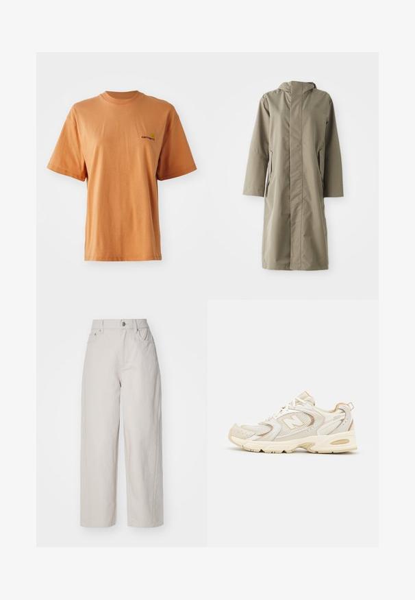 Impermeable color caqui con capucha, hecho de un tejido liso y resistente al agua. Presenta mangas largas y bolsillos laterales, ofreciendo un corte relajado.; Camiseta de algodón de manga corta y cuello redondo en color naranja apagado, con un pequeño logotipo bordado en rojo oscuro en el lado izquierdo del pecho.; Pantalones de algodón de pierna ancha en beige con cintura alta, cierre de botón y cremallera, y cuatro bolsillos; textura suave con acabado de denim.; Zapatillas deportivas beige con superposiciones de malla y sintéticas, presentando una superficie texturizada, un collar acolchado y amortiguación "ABZORB" en el talón.