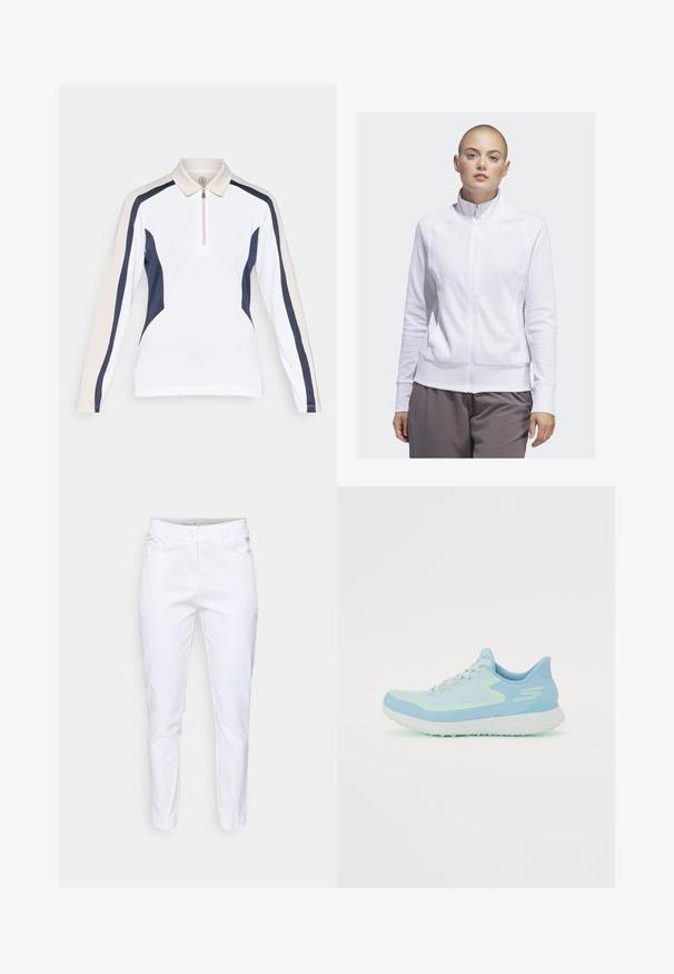 Biela zipsová bunda s textúrovanou tkaninou, vysokým golierom a bočnými vreckami, kombinovaná so šedými nohavicami. Hladký povrch, ľahký dizajn.; Poloko s dlhým rukávom s bielym telom, námorníckymi bočnými akcentmi a svetlo béžovými plecami. Obsahuje golier na zips pre nastaviteľné nosenie.; Biele bavlnené nohavice so zúženým strihom, prednými vreckami a jedným gombíkom na zapínanie. Hladká textúra s minimálnymi detailami.; Svetlomodrá športová obuv s prednou časťou z jemnej sieťoviny, zaoblenou špičkou, polstrovanou podrážkou a reflexnými akcentmi. Obsahuje šnurovanie a podporujúci opätok.