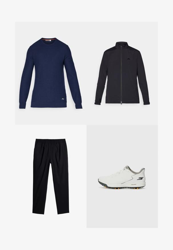 Black lightweight jacket with full front zipper, high collar, long sleeves, side zip pockets, and small logo on the chest.; Navy blue crew-neck sweater made of knit material, featuring long sleeves and a small logo accent on the lower right front.; Black trousers with an elastic waistband, loose fit, and smooth texture. Features tapered legs and no visible pockets or embellishments.; White athletic shoe with a smooth upper, gray accents, and a textured black sole featuring orange spikes. Lightweight design focused on comfort.