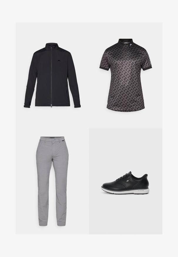 Veste noire légère avec fermeture éclair sur le devant, col montant, manches longues, poches latérales zippées et petit logo sur la poitrine.; J.LINDEBERG Sports TOUR TECH PRINT - Polo - tonal black; Pantalons de sport gris avec une texture lisse, dotés d'une fermeture à bouton, de passants de ceinture et de poches latérales. Design ajusté avec une coupe slim.; Baskets Skechers noires en cuir avec lacets et semelle blanche, logo sur le côté et texture de grip sur la semelle, sur fond clair uni.