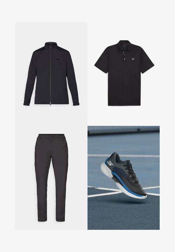 Črna lahka jakna z običajnim zadrgo, visokim ovratnikom, dolgimi rokavi, stranskimi žepe z zadrgo ter majhnim logotipom na prsih.; Črna polo majica iz gladkega materiala. Ima ovratnik, tri gumbe in majhen bel logotip na levem prsnem predelu. Kratki rokavi.; Črne, lahke hlače s slim fit krojem, z gladko teksturo, gumbom za zapiranje in subtilnim vzorcem mreže.; Črne športne čevlje z modrimi akcenti, sintetični material, teksturirana površina in lahka bela podplat. Imajo vezalke in perforacije.